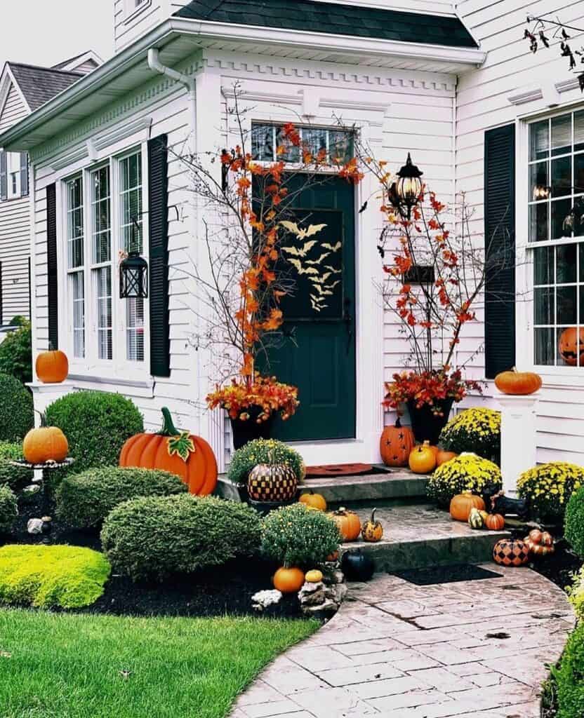 Pumpkins and Mums Outside Front Door