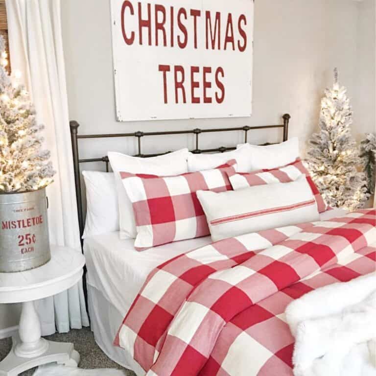Red Checkered Comforter with Christmas Trees
