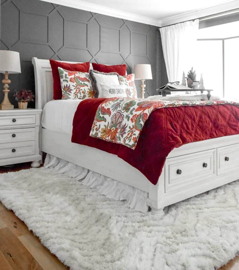 Red Christmas Comforter Set with Plush White Area Rug