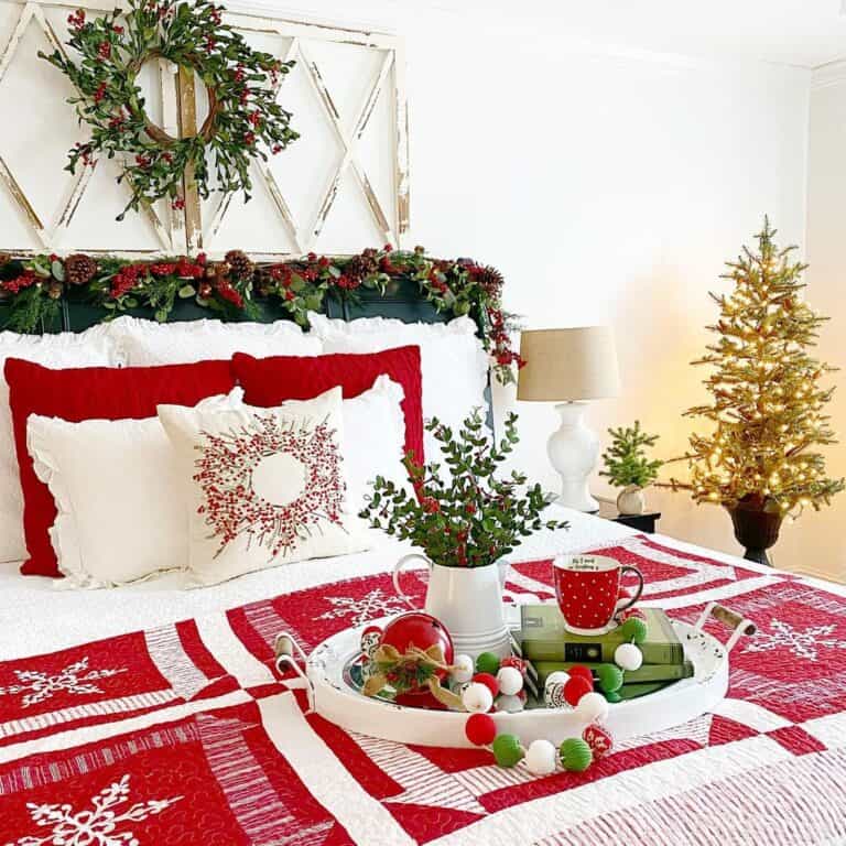 Red Christmas Quilt with Small Christmas Tree