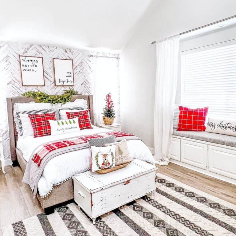 Red Plaid Blanket on White Bedspread