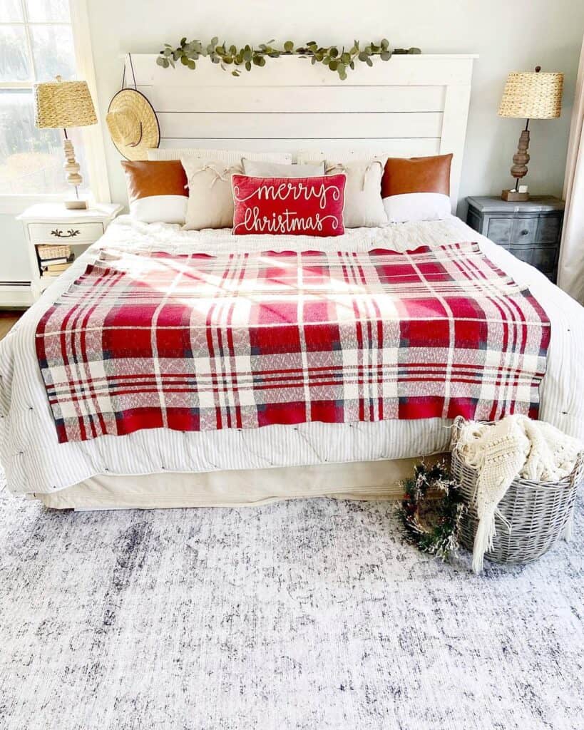 Red and White Plaid Blanket on White Bedspread