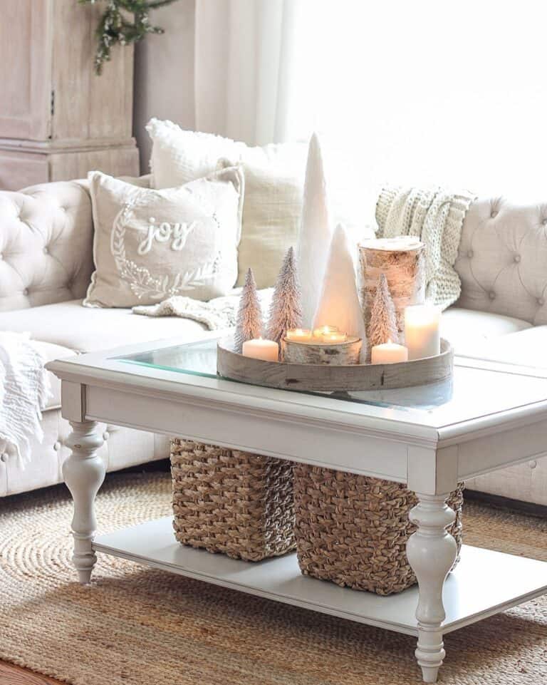 Round Tray with Candle Centerpieces for Coffee Table