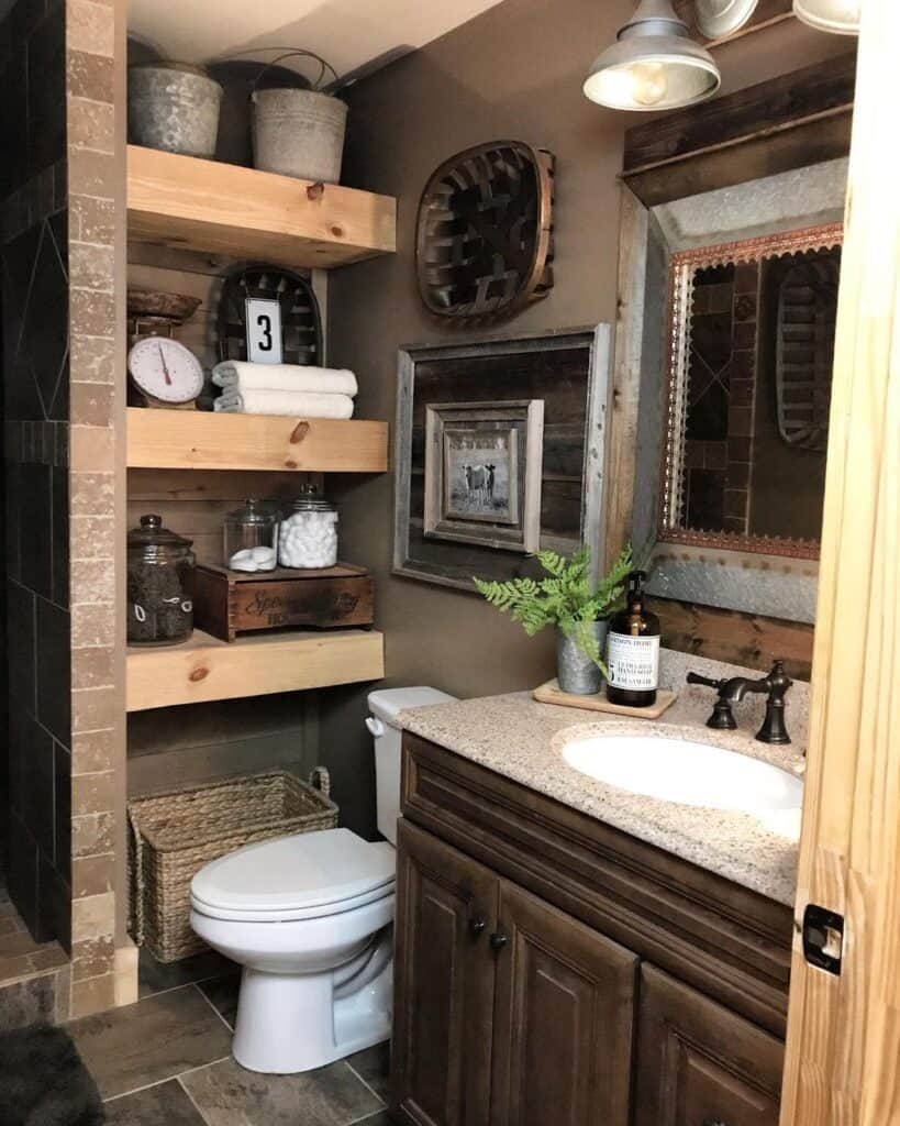Rustic Bathroom with Wood Vanity and Shelves