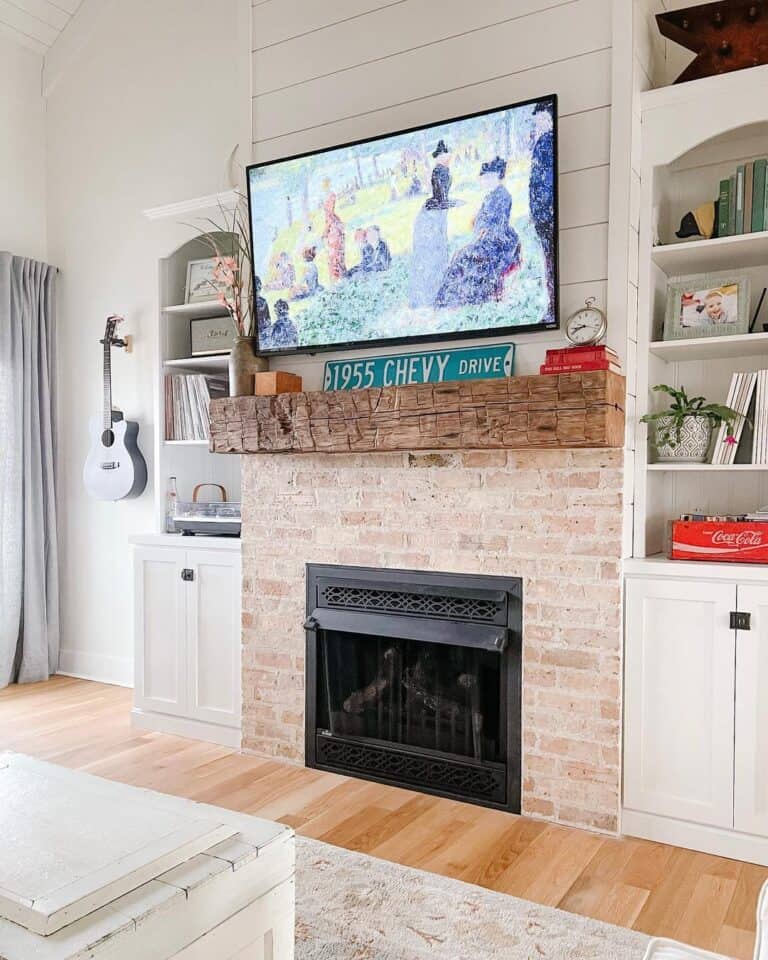 Rustic White Brick Fireplace with Hand Hewn Mantel