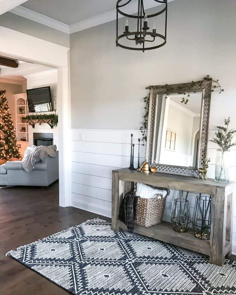 Rustic Wood Console Table and Shiplap Wall
