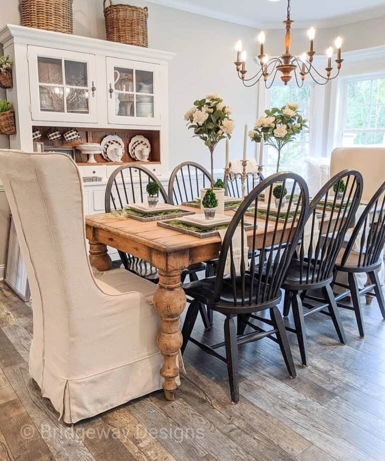 Rustic Wood Dining Table with Windsor Chairs