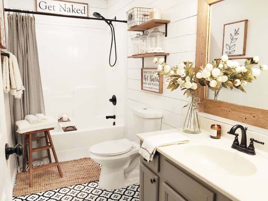Shiplap Bathroom with White Tub Shower Combo