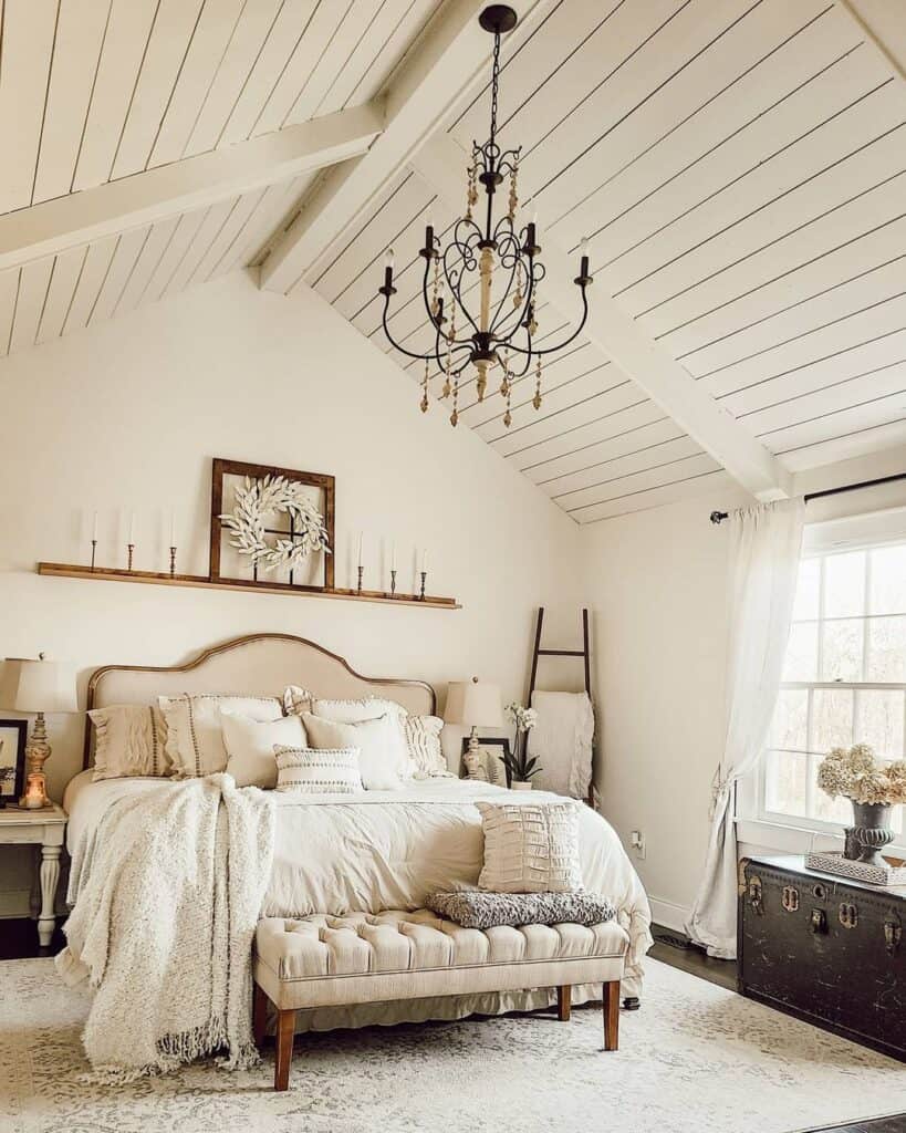 Shiplap Ceiling in Vintage Farmhouse Bedroom