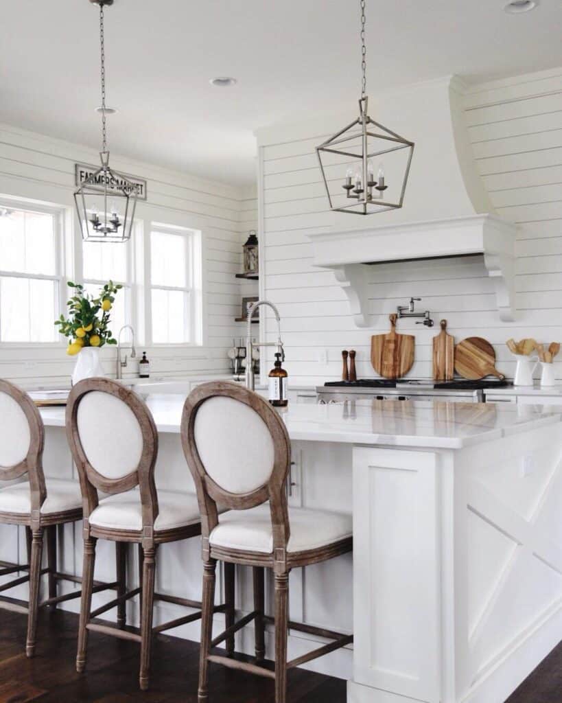 Shiplap Kitchen With Brushed Nickel Lanterns