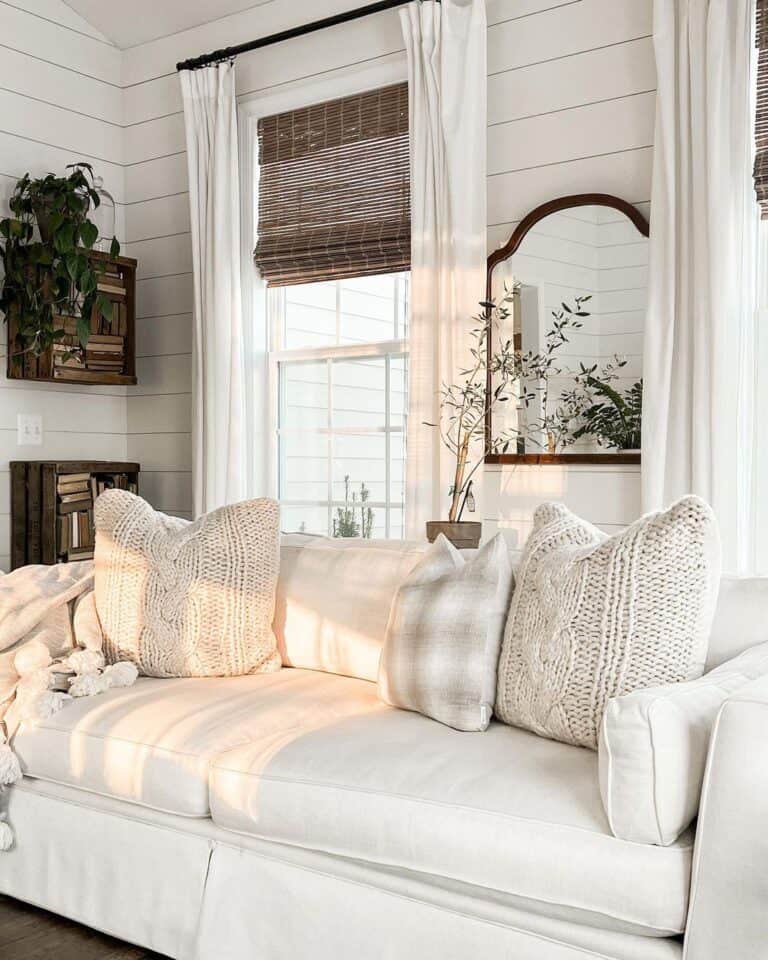 Shiplap Living Room with Beige Couch Pillows