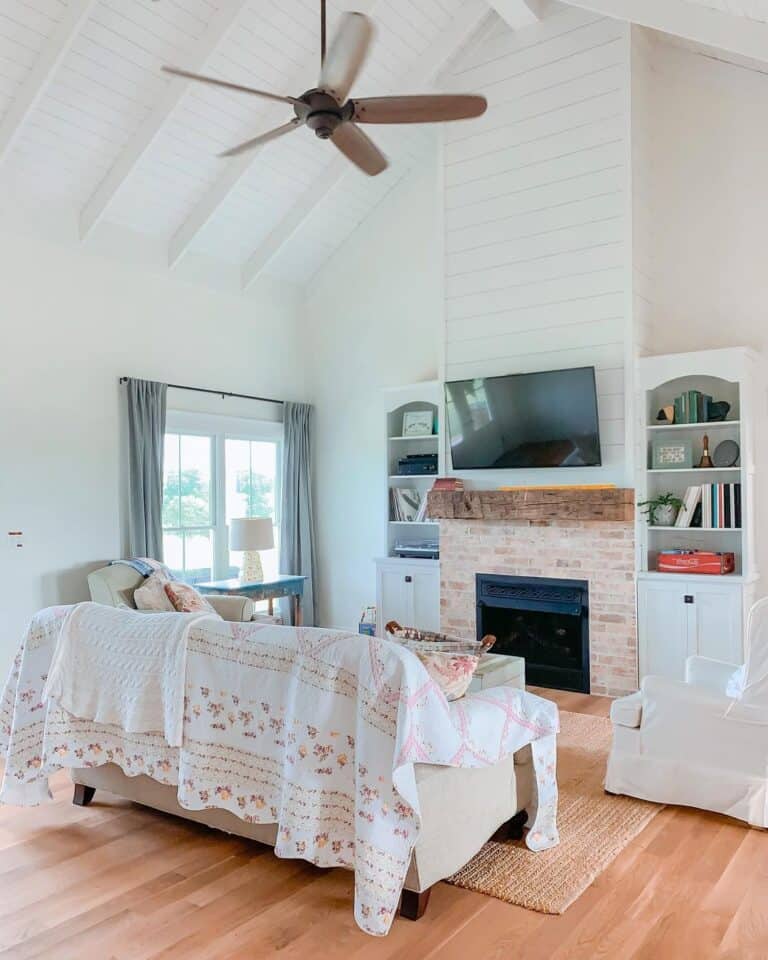 Shiplap Living Room with Brick Fireplace