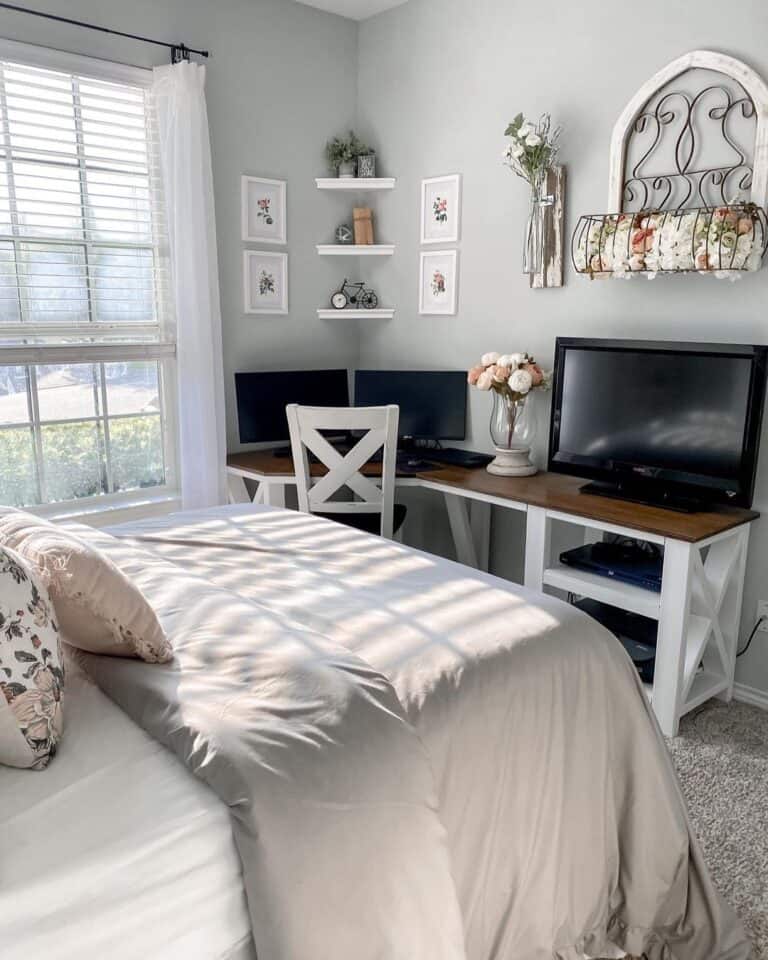 Small White Floating Corner Shelves in Light Grey Bedroom