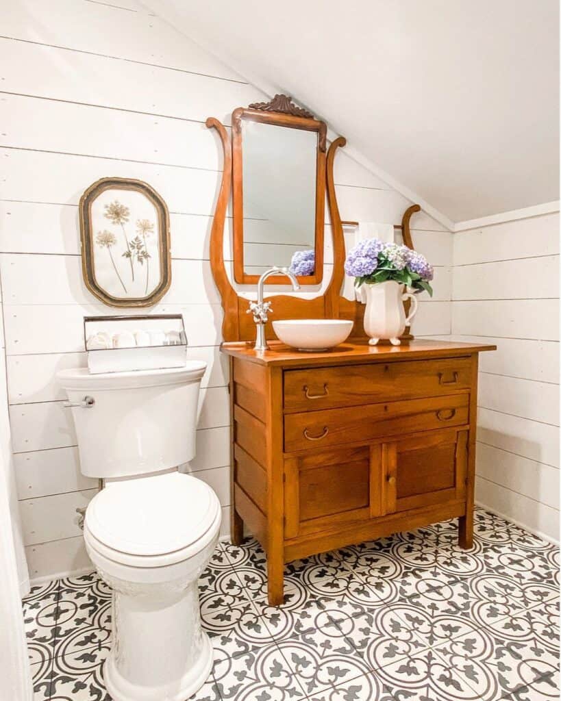 Stained Wood Bathroom Washstand with Mirror