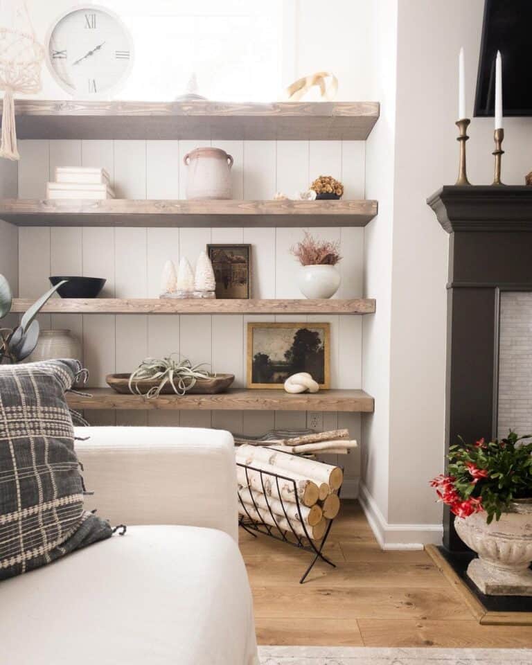 Stained Wood Farmhouse Living Room Shelves