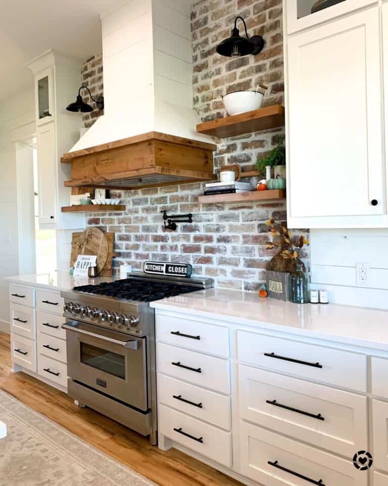 Stained Wood Floating Kitchen Shelves