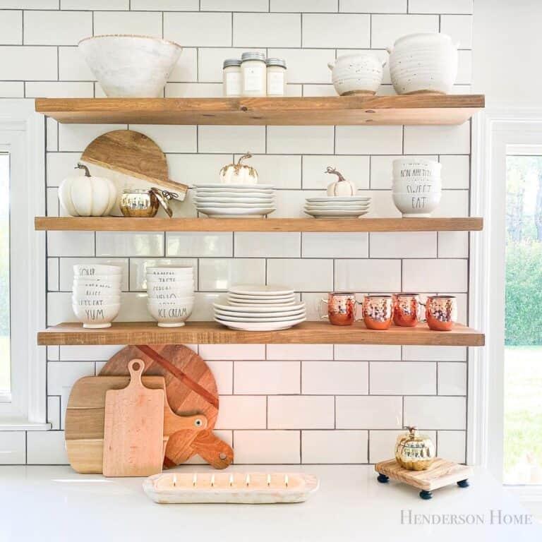 Stained Wood Floating Shelves for Kitchen Backsplash