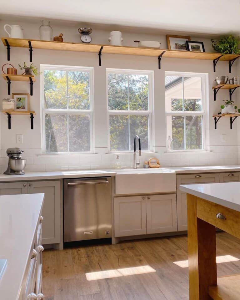 Stained Wood and Black Metal Kitchen Shelves