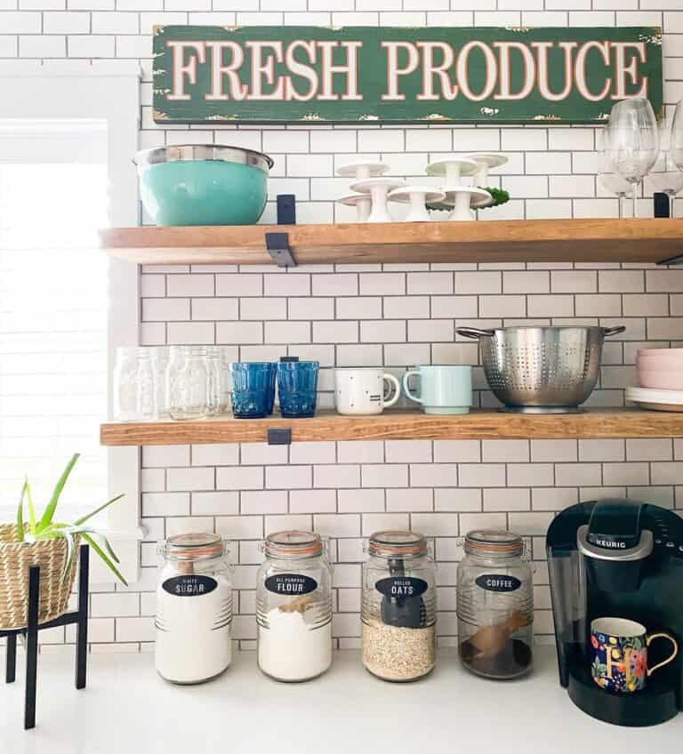 Stained Wood and Black Metal Kitchen Shelves