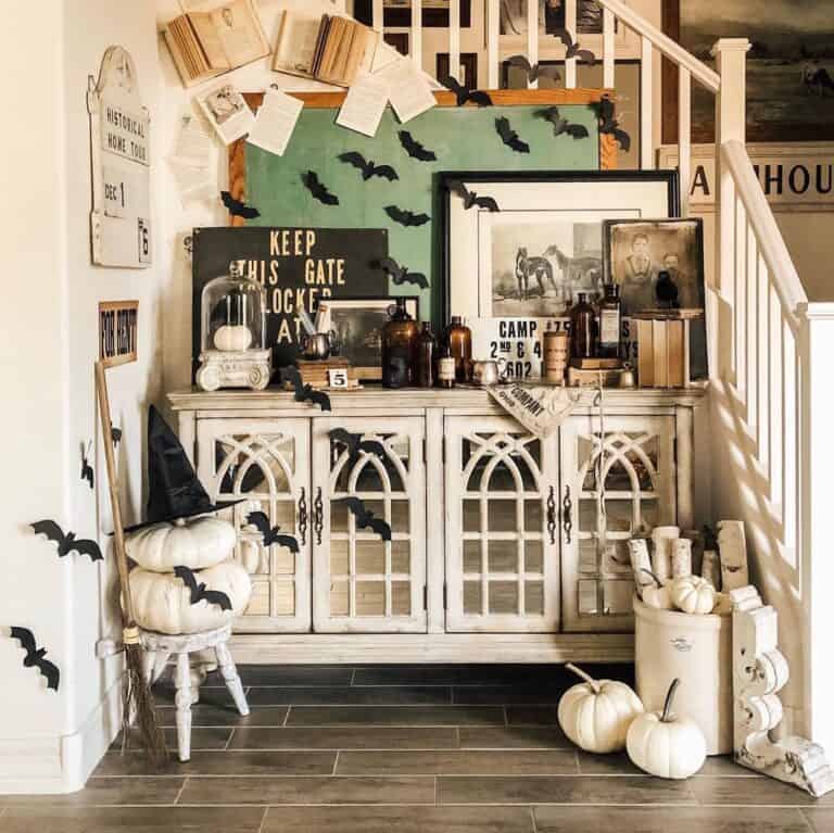 Staircase Halloween Decor with White Pumpkins