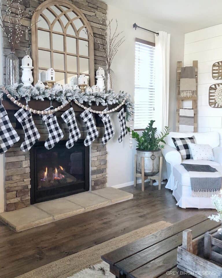Stone Fireplace Living Room with Plaid Décor