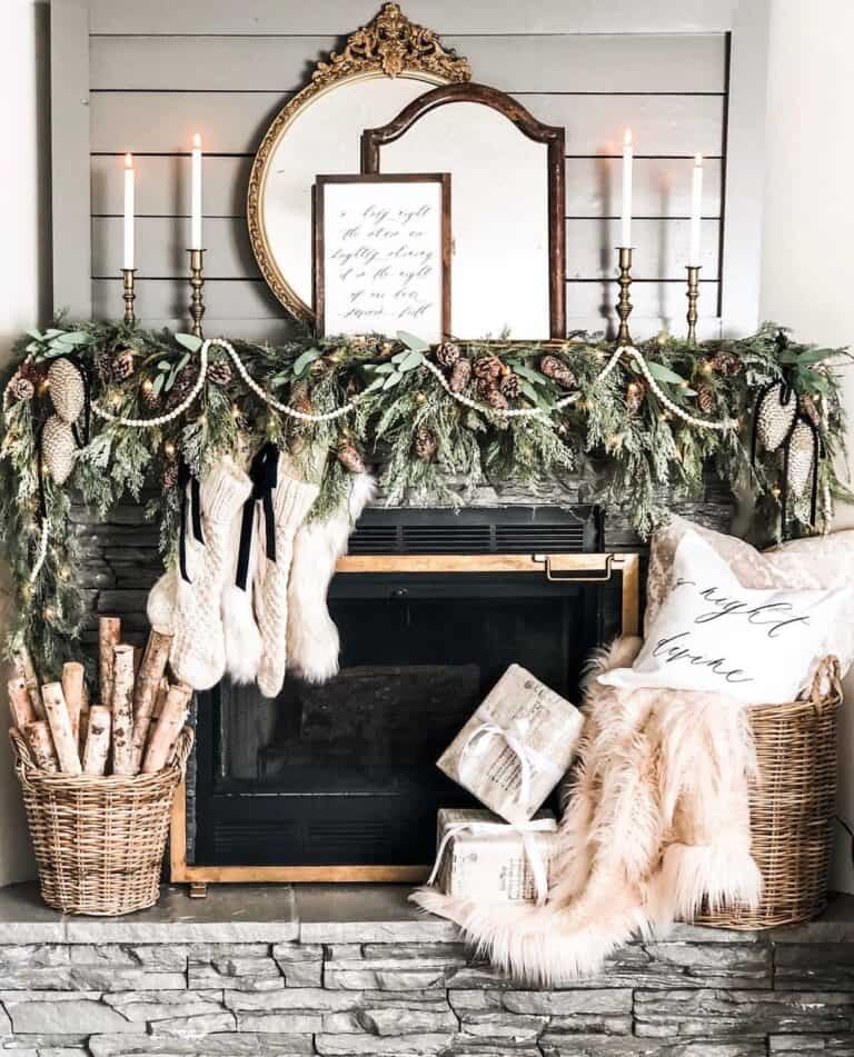 Stone Platform Fireplace and Garland with Lights
