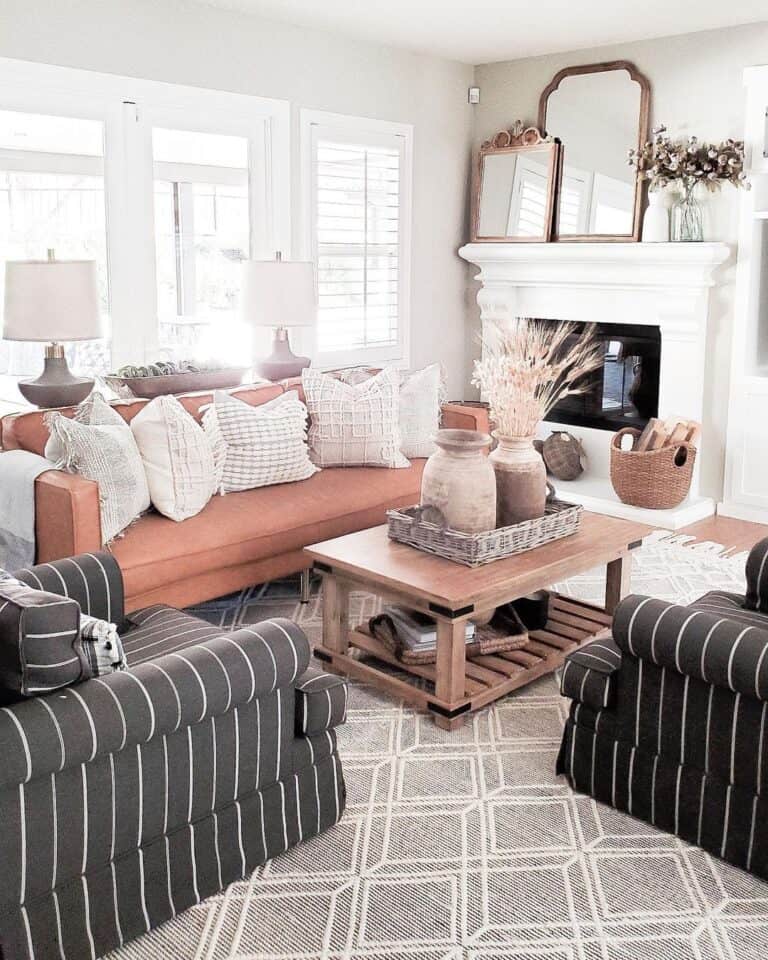 Striped Chair Living Room with Fireplace