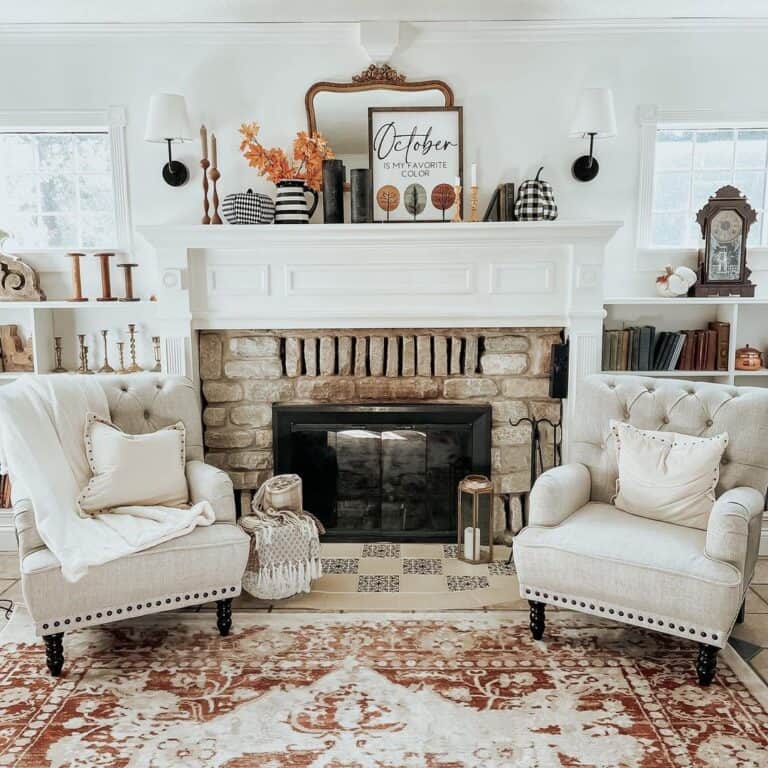 Studded Armchairs in Living Room with Fireplace