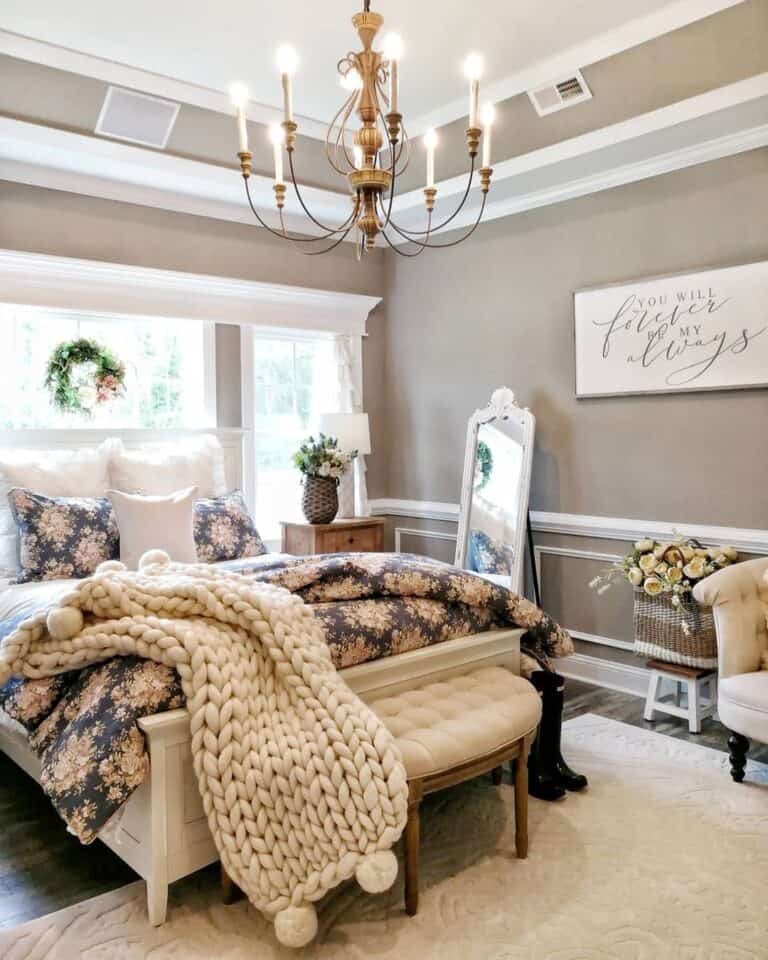 Taupe Bedroom with Black Flowered Bedding