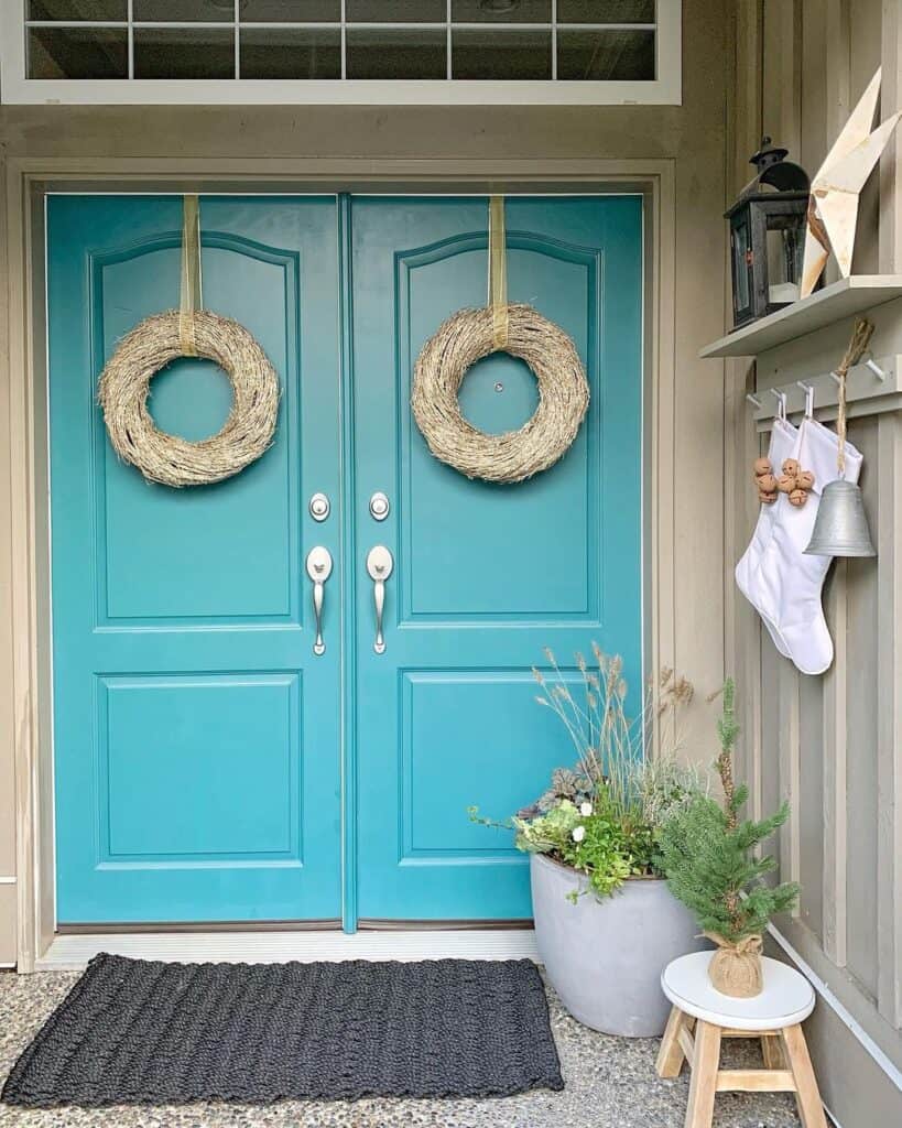 Teal Double Front Doors with Wreaths