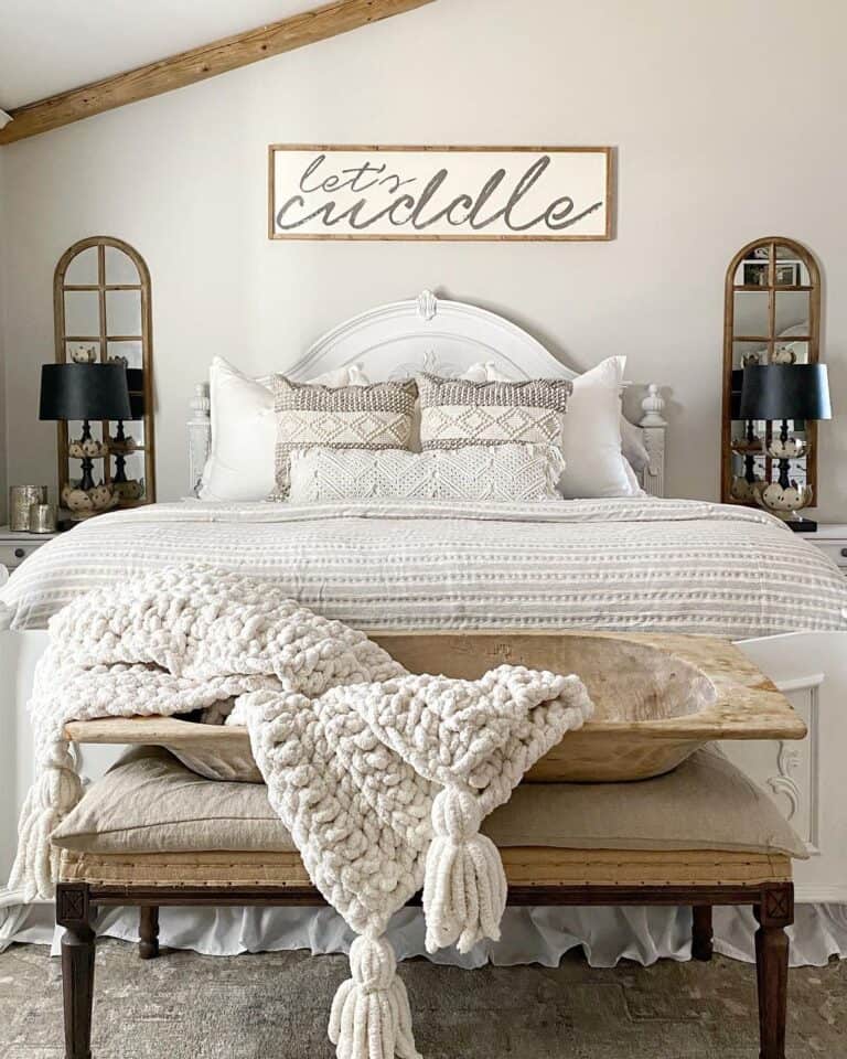 Textured White Bedding on Ornate White Bed