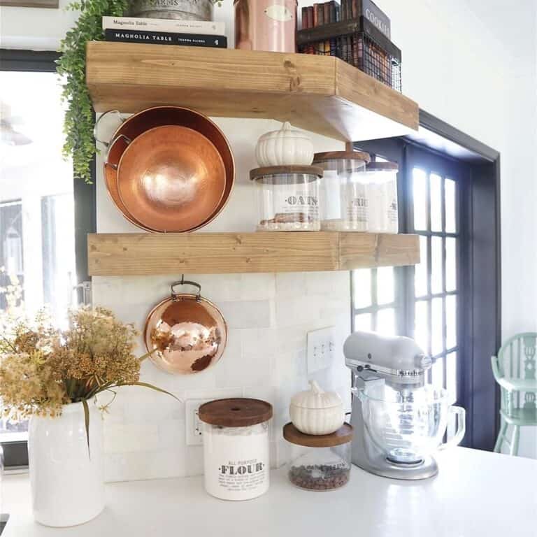 Thick Wood Corner Shelves on White Kitchen Wall