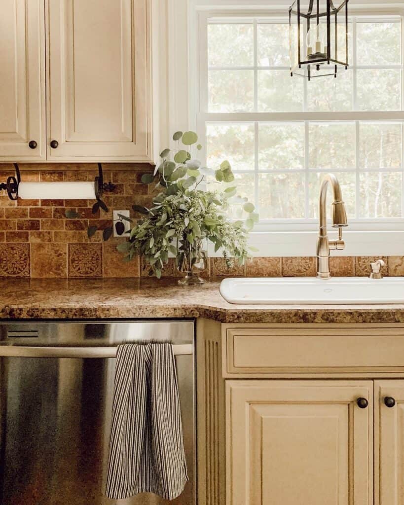 Tile Backsplash Around White Kitchen Window