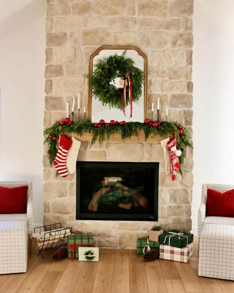 Traditional Christmas Wreath and Garland on Mantle