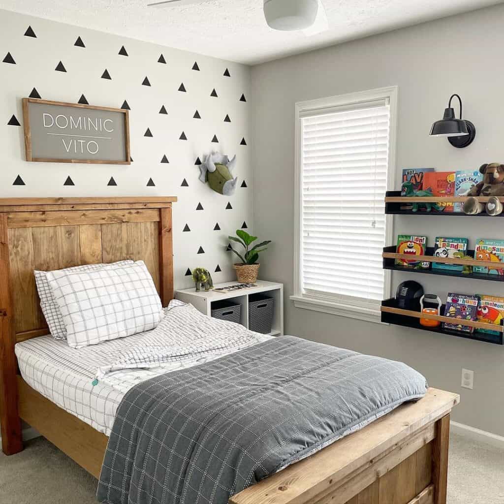 Triangle Accent Wall and Wood Bed Frame