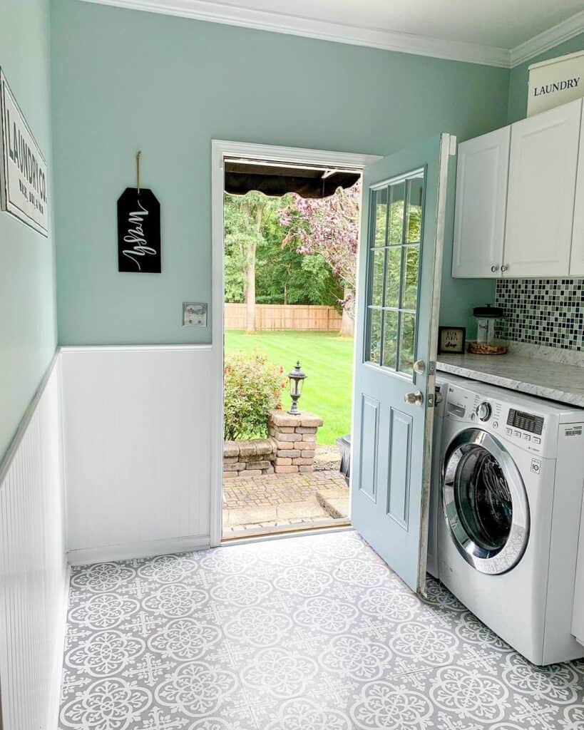 Turquoise Laundry Room Door with White Trim