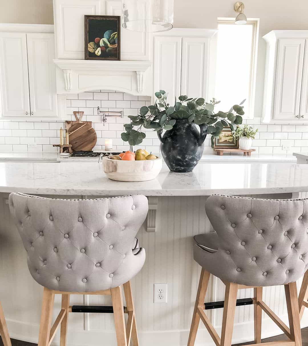 Upholstered Stools in All White Kitchen - Soul & Lane