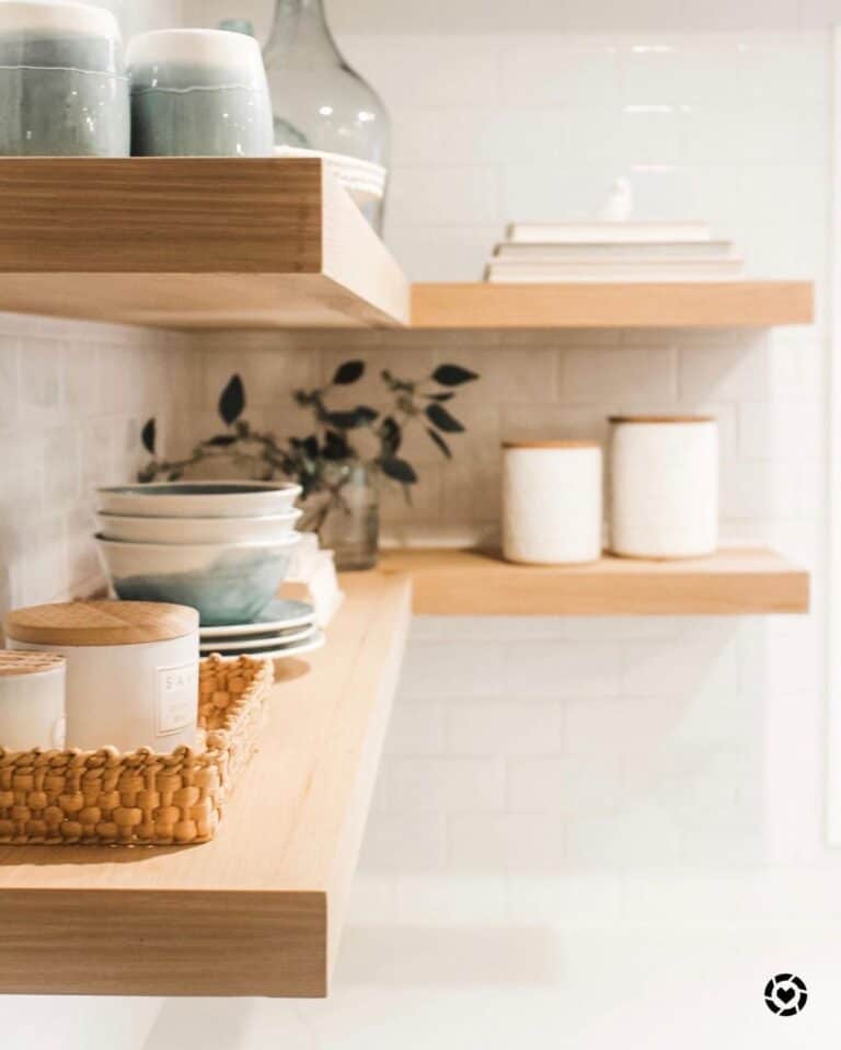 Warm Wood Corner Shelves on White Tiled Wall