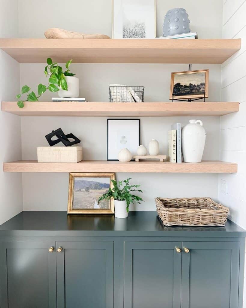 Warm Wood Floating Shelves in Nook