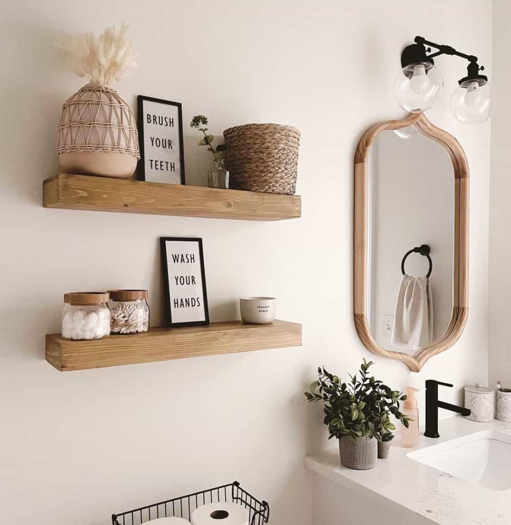 White Bathroom Vanity with Wood Mirror