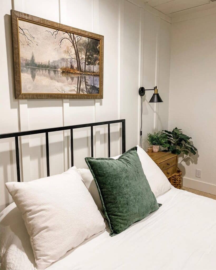 White bedroom shop with green accents