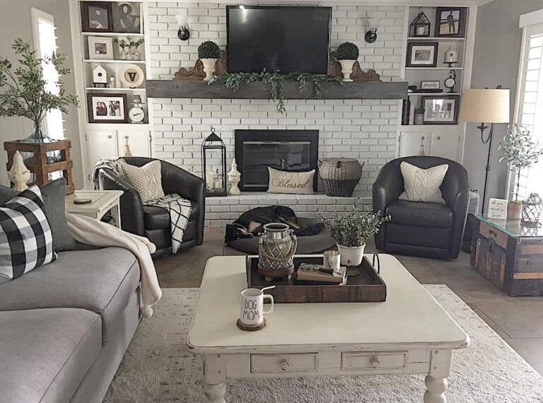 White Brick Fireplace and Rustic Wood Table