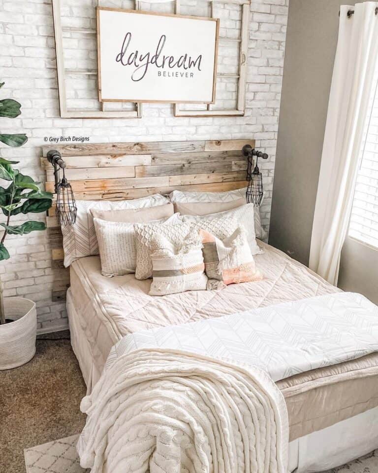 White Brick Wall with Light Pink Sheets