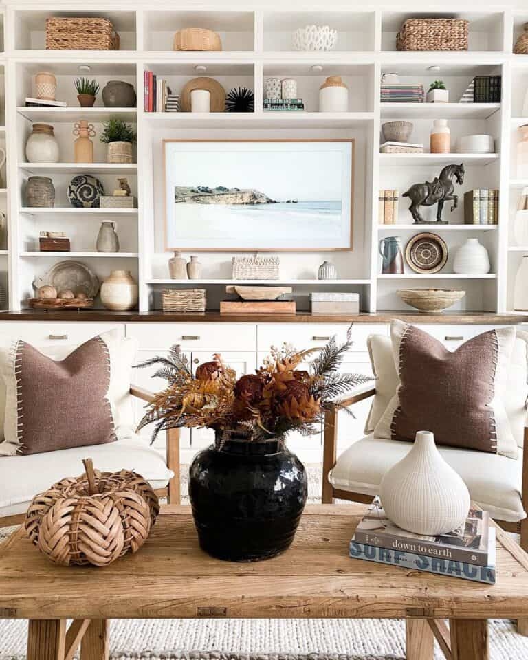 White Built-in Farmhouse Living Room Shelves