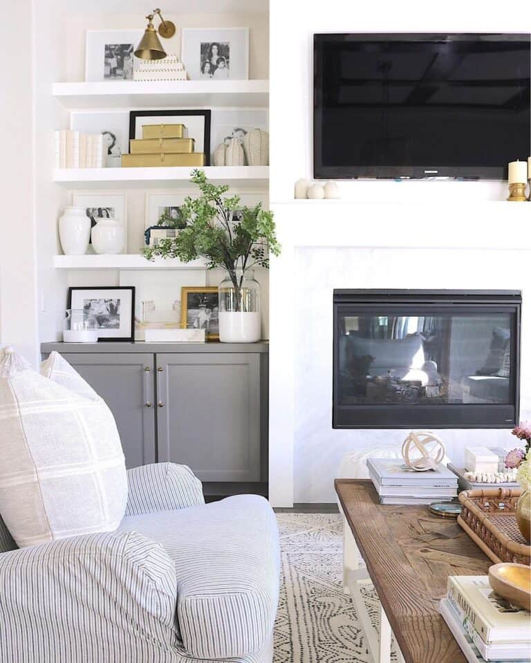 White Built-in Floating Living Room Shelves