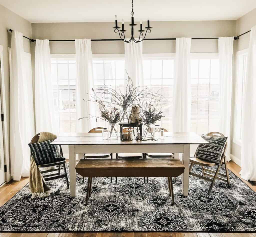 White Curtain Dining Room with Patterned Rug