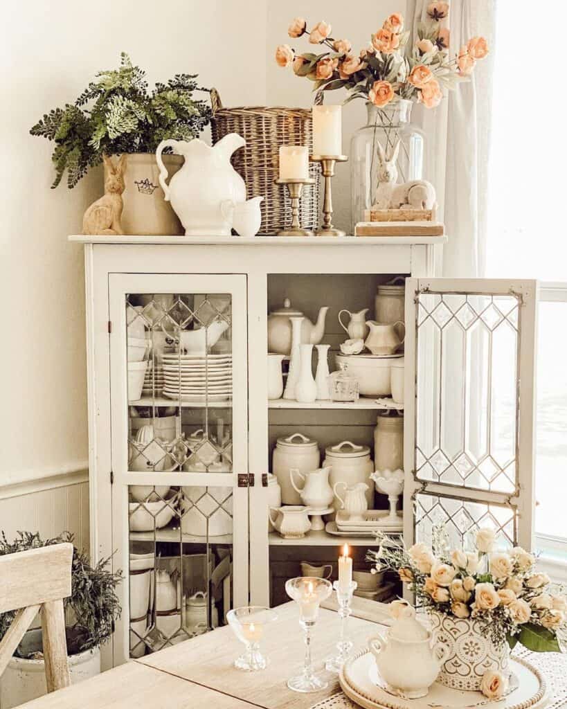 White Dining Room Corner Hutch with China