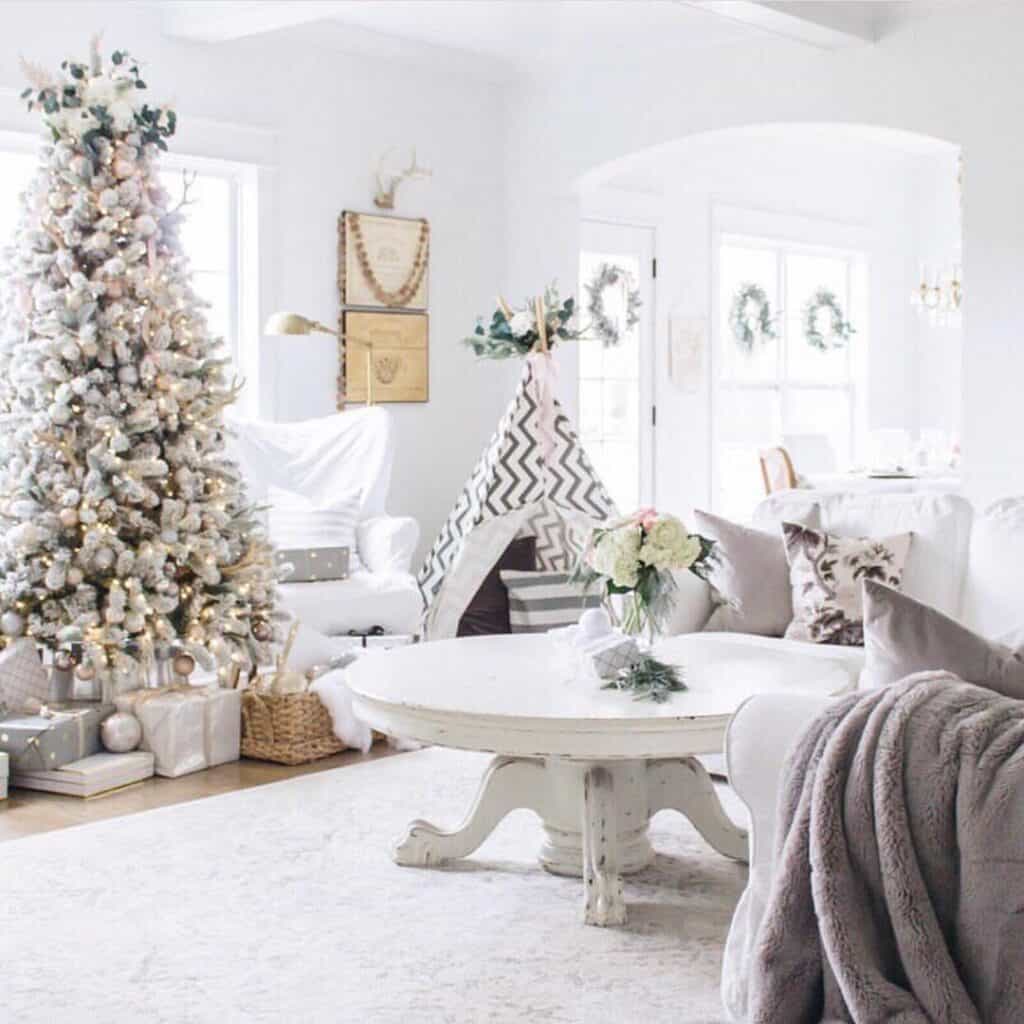White Farmhouse Living Room with Christmas Tree