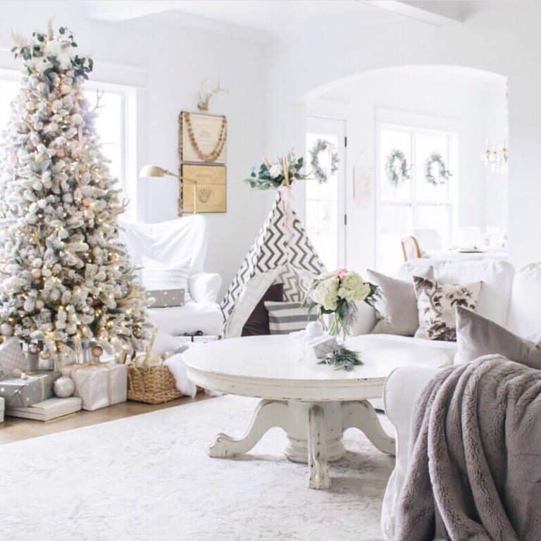 White Farmhouse Living Room with Christmas Tree