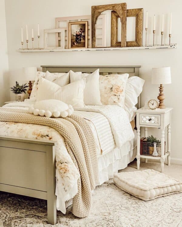 White Floating Shelf Above Cozy Bed - Soul & Lane